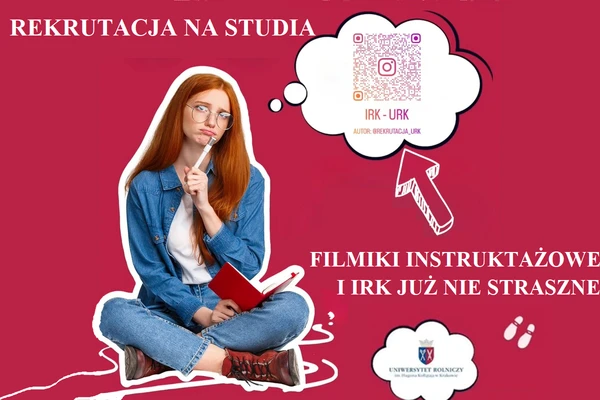 Grafika o intensywnym bordowo-czerwonym tle. W górnym lewym rogu znajduje się napis: „REKRUTACJA NA STUDIA”, a w prawym dolnym rogu: „FILMIKI INSTRUKTAŻOWE I IRK JUŻ NIE STRASZNE”.