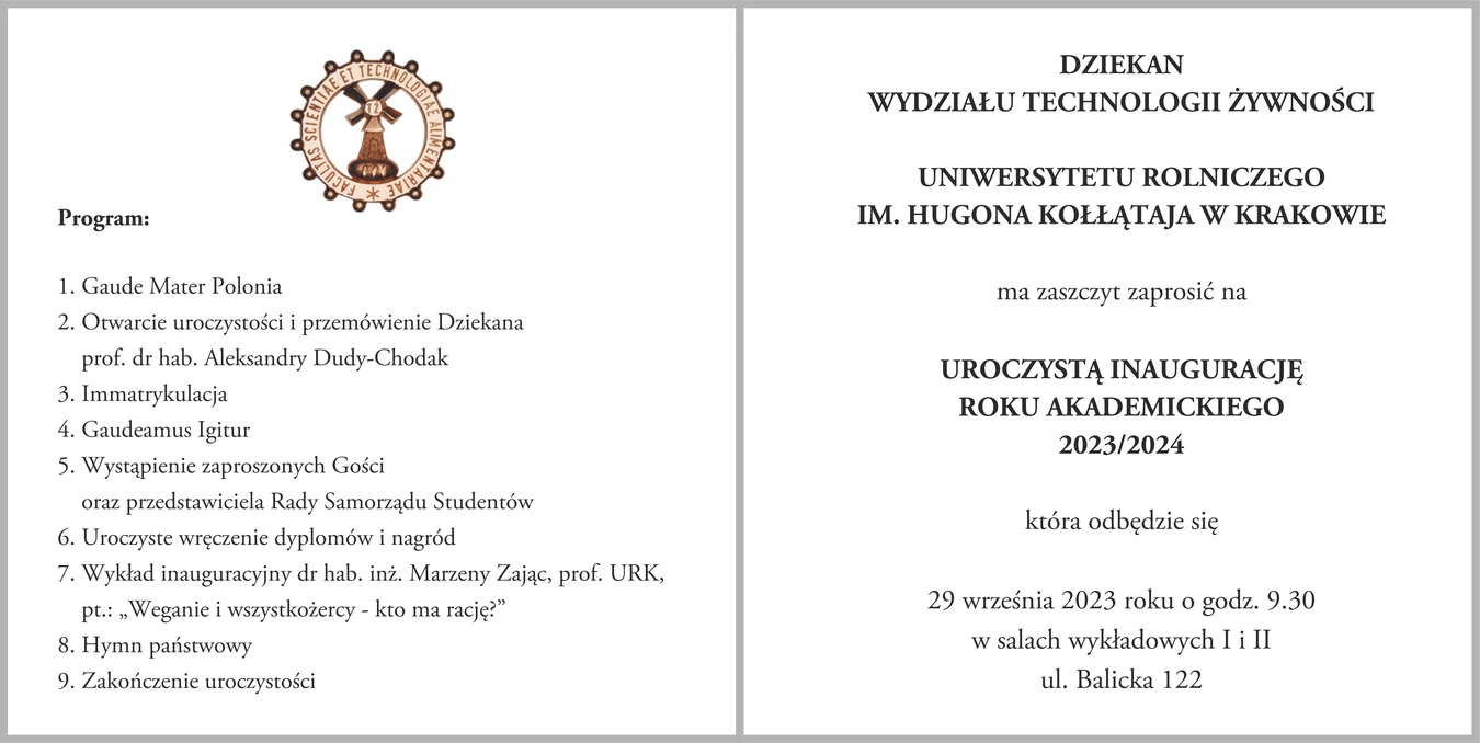 Zaproszenie na inaugurację roku akademickiego 23/24 WTŻ