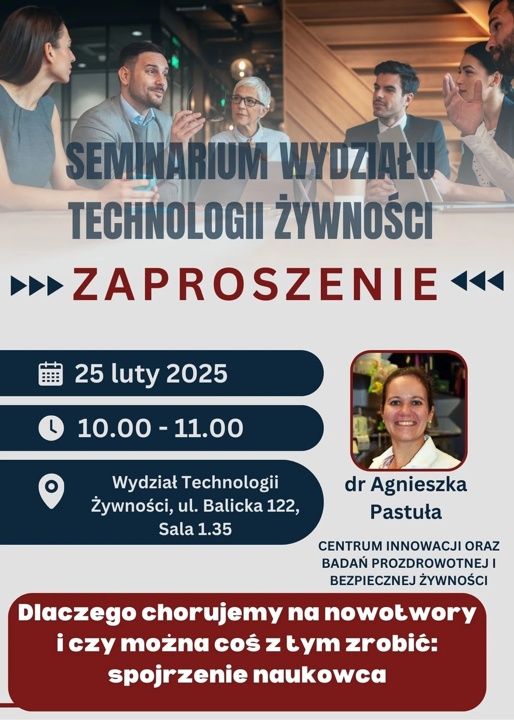 Plakat zapraszający na seminarium Wydziały Technologii Żywności